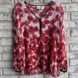 Chico's Long Sleeve V-Neck 100% Silk Floral Sheer Blouse Women's Size 0 (S)